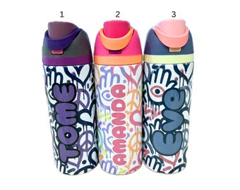 Personalized Water Bottle - hamsa, graffiti art, personalized gift, heart