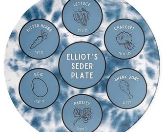 Plato de Séder personalizado: teñido anudado azul (Pésaj)
