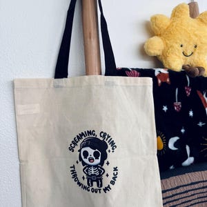 Screaming Crying Throwing Out My Back Tote Bag – Funny Skeleton Tote, Goth Aesthetic Bag, Spooky Humor Gift