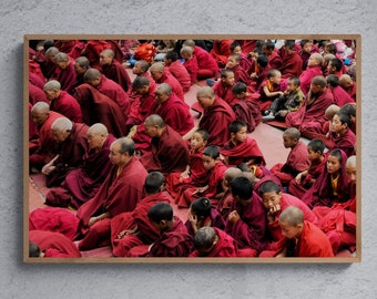 May include: A framed photograph shows a gathering of Buddhist monks in maroon robes, seated closely together. The image is set against a grey textured wall, with a small blue pot holding a plant in the foreground.