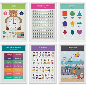 May include: Six framed educational posters with white frames. The posters teach time, numbers 1-100, shapes, days of the week, the alphabet, and transportation. Each poster features colorful illustrations and text in both English and Spanish.