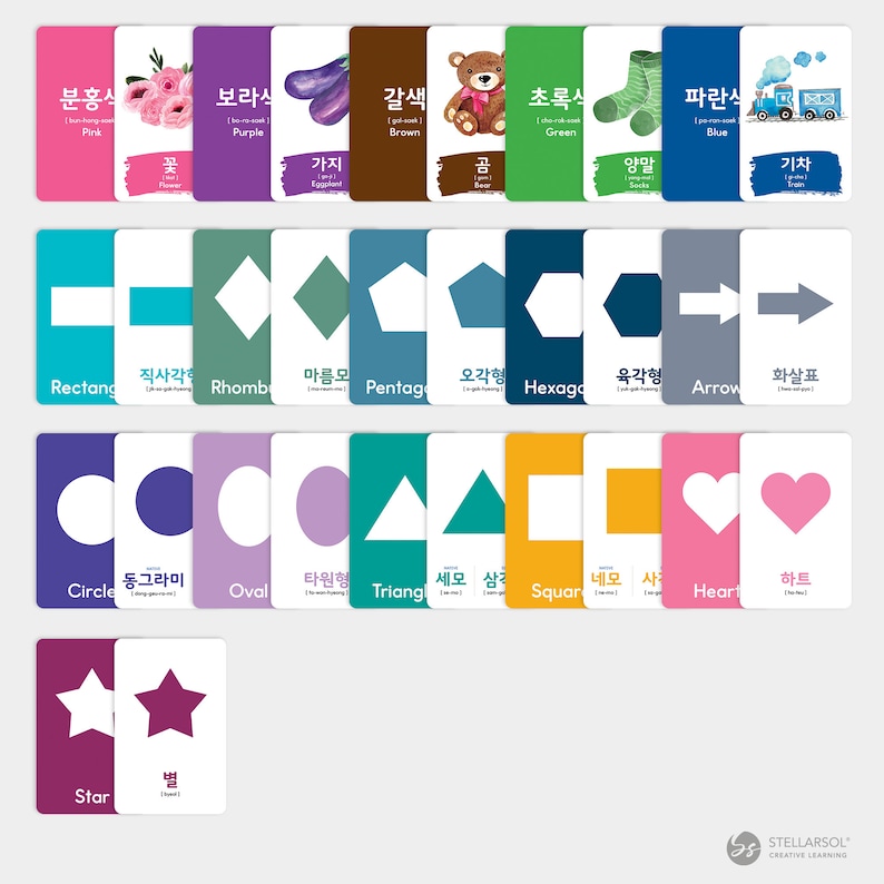 Pu&ograve; includere: Flashcards con parole coreane e traduzioni in inglese per colori, forme e oggetti. Le carte sono codificate a colori e presentano illustrazioni. Le parole includono: rosa, viola, marrone, verde, blu, rettangolo, rombo, pentagono, esagono, freccia, cerchio, ovale, triangolo, quadrato, cuore e stella.