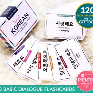 Caja de regalo de tarjetas didácticas de diálogo de frases básicas coreanas IMPRESAS / Hangul 한글 Expresión de vocabulario esencial / Conversación para principiantes / Audios gratuitos