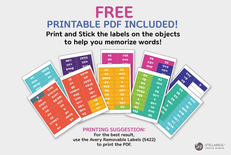 May include: A set of printable labels with Korean words and English translations. The labels are designed to be printed on Avery Removable Labels (5422) and used to help learn Korean vocabulary. The labels are color-coded and feature a variety of common objects.