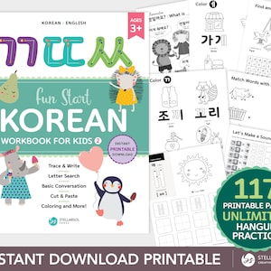 Puede incluir: Un libro de trabajo colorido para niños que aprenden coreano. La portada presenta un rinoceronte, un pingüino y un erizo de dibujos animados. El título es "Fun Start Korean Workbook for Kids 2". El libro incluye 117 páginas imprimibles de práctica de Hangul.