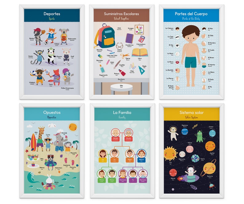 May include: Six framed educational posters with white borders. The posters cover topics like sports, school supplies, body parts, opposites, family, and the solar system. Each poster features colorful illustrations and text in Spanish.