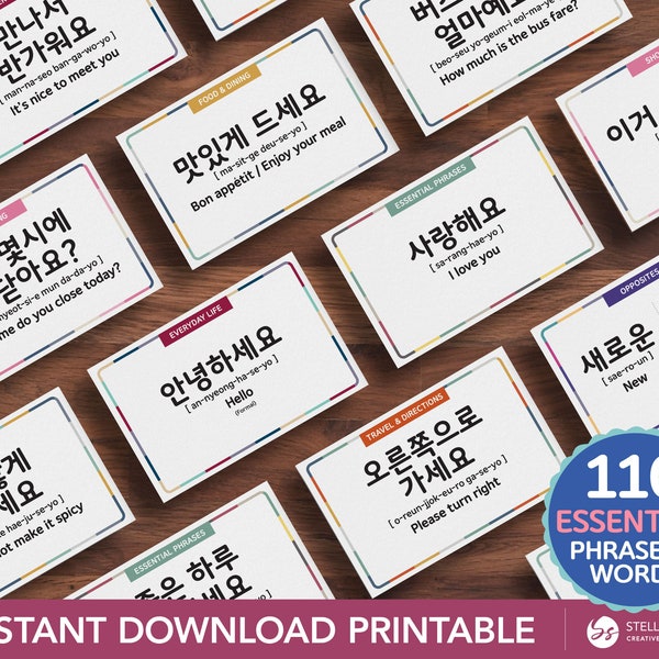 Printable Korean Basic Phrases Flashcards | Hangul 한글 Essential Vocabulary Expression | Beginner Conversation + Free Audios