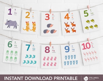Koreanische Zahl Lernkarten: Tier Hangul - Printable