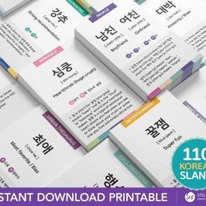 Flashcard stampabili sullo slang coreano / Hangul 110 속어, 은어 Espressione urbana popolare essenziale, parole e frasi Conversazione per principianti + Audio gratuito