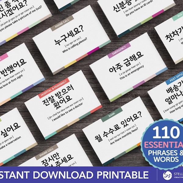 Printable 110 Korean Common Phrases in Everyday Situations | Essential Korean Dialogue Flashcards for Beginners & Travelers + Free Audios