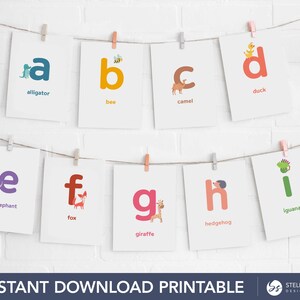Tarjetas didácticas del alfabeto de animales imprimibles / Letras del alfabeto en minúsculas / Decoración del aula preescolar de jardín de infantes / Descarga instantánea / 14