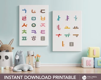 May include: Two printable posters featuring the Korean alphabet, Hangul. The first poster shows the consonants with illustrations of animals. The second poster shows the vowels with illustrations of objects. The posters are white with a light blue background.
