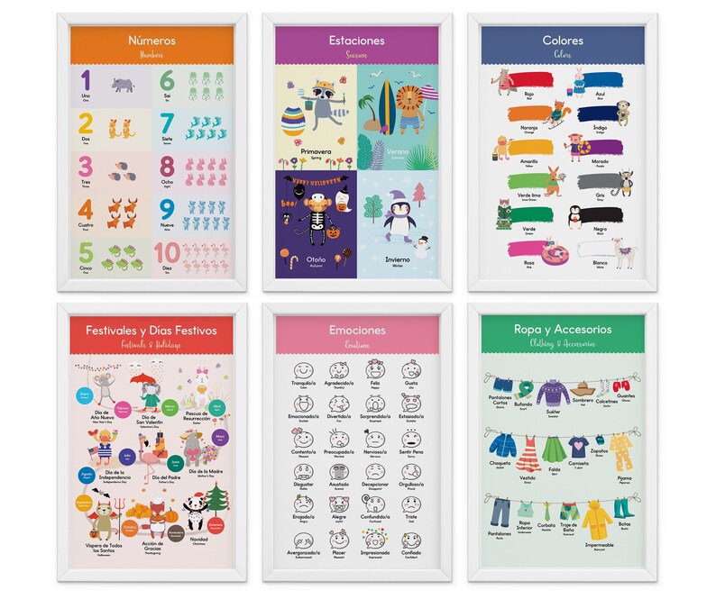 May include: Six framed educational posters with white borders. The posters display colorful illustrations and text in Spanish, covering topics like numbers, seasons, colors, emotions, clothing, and holidays. Each poster is rectangular.