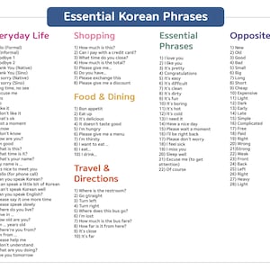 May include: A colorful chart with essential Korean phrases for everyday life, shopping, food and dining, travel and directions, and opposites. The chart is divided into sections with numbered phrases and their Korean translations.
