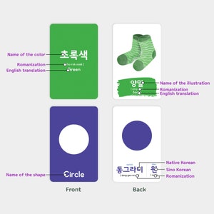 Pu&ograve; includere: Una carta verde con la parola coreana per verde, "초록색" (ho-rok-saek), e la traduzione inglese "Green". Sul retro, una carta viola con un cerchio e la parola coreana per cerchio, "동그라미" (dong-geu-ra-mi), e la traduzione inglese "Circle".