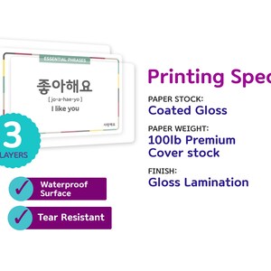 May include: A set of three laminated flashcards with the Korean phrase "좋아해요" (jo-a-hae-yo) meaning "I like you". The cards are waterproof and tear resistant. The printing specifications are listed: Coated Gloss paper stock, 100lb Premium Cover stock, and Gloss Lamination finish.