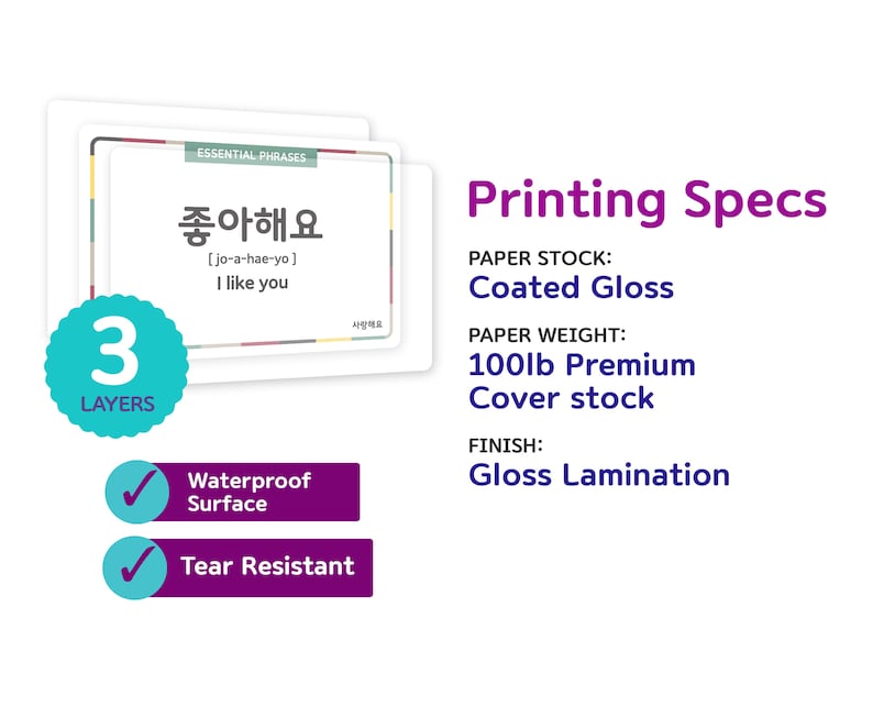 May include: A set of three laminated flashcards with the Korean phrase "좋아해요" (jo-a-hae-yo) meaning "I like you". The cards are waterproof and tear resistant. The printing specifications are listed: Coated Gloss paper stock, 100lb Premium Cover stock, and Gloss Lamination finish.