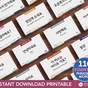Schede didattiche stampabili con frasi di base in coreano / Espressione essenziale del vocabolario Hangul 한글 / Conversazione per principianti + audio gratuiti
