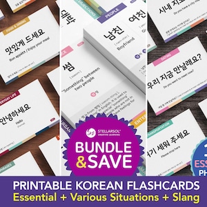 Korean Flashcard Bundle: Beginner Conversation, Slang, Essentials (with Audios)--Printable