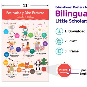 May include: Educational poster for bilingual little scholars, measuring 11 x 17 inches. The poster features colorful illustrations of holidays and festivals, including New Year's Day, Valentine's Day, and Christmas. The poster includes the text "Festivals & Holidays".