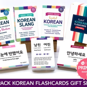 Conjunto de presente impresso com 3 flashcards de conversação básica em coreano para iniciantes | Frases essenciais, situações cotidianas, gírias + áudios grátis