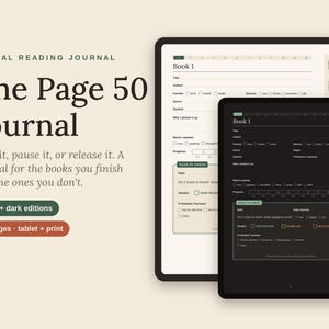 May include: A digital reading journal titled The Page 50 Journal, featuring light and dark editions displayed on two tablets. The interface includes fields for book title, author, format, genre, and a Page 50 check section for tracking reading progress.