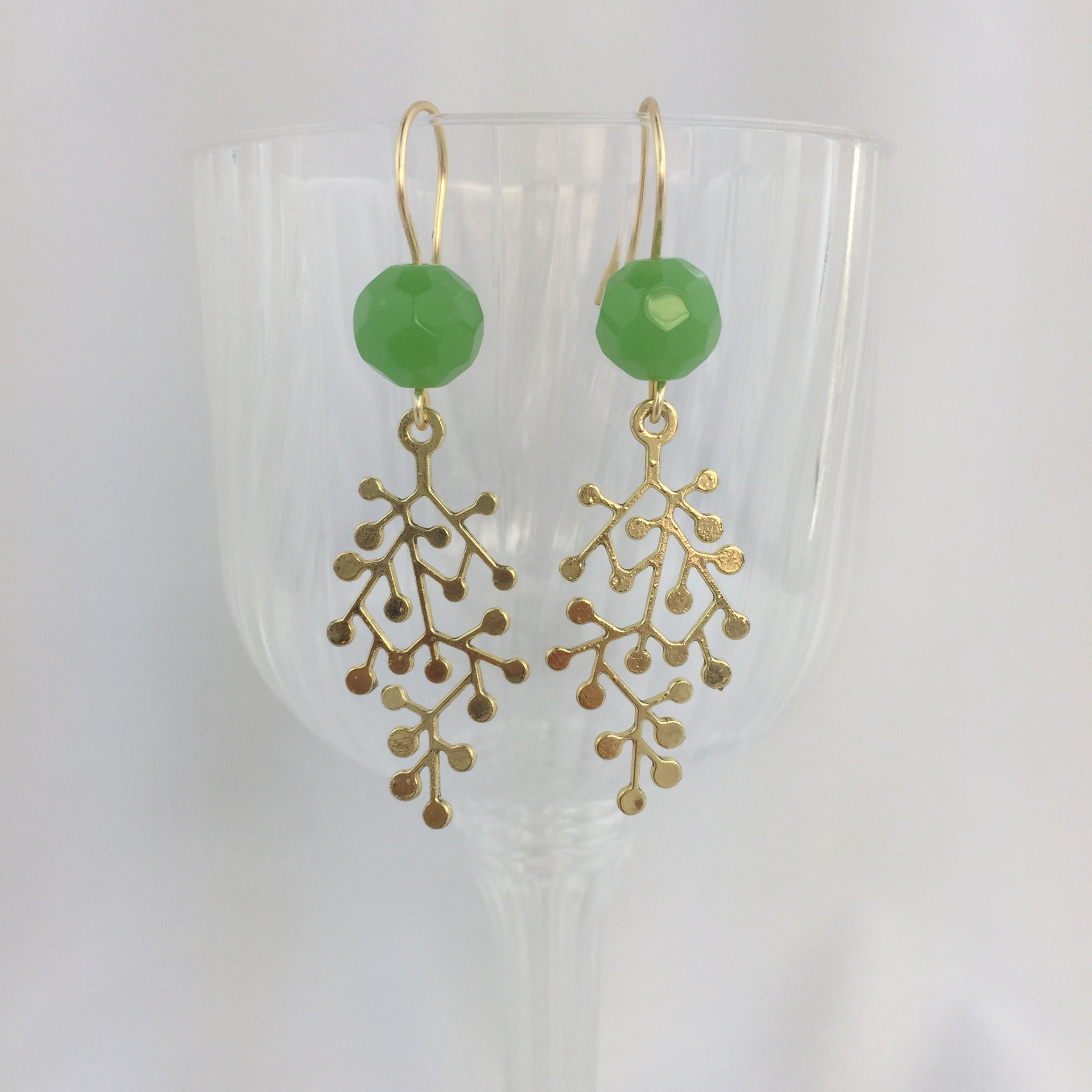 Gold Plated Vine Earrings Green Beaded Vine Earrings Dainty Etsy
