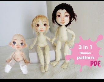 Corps de poupée humaine Posable Patron et guide de couture PDF , Poupée en feutre , Modèle 3 en 1 , Modèle de poupée familiale , Modèle de corps Anime , Modèle Chibi