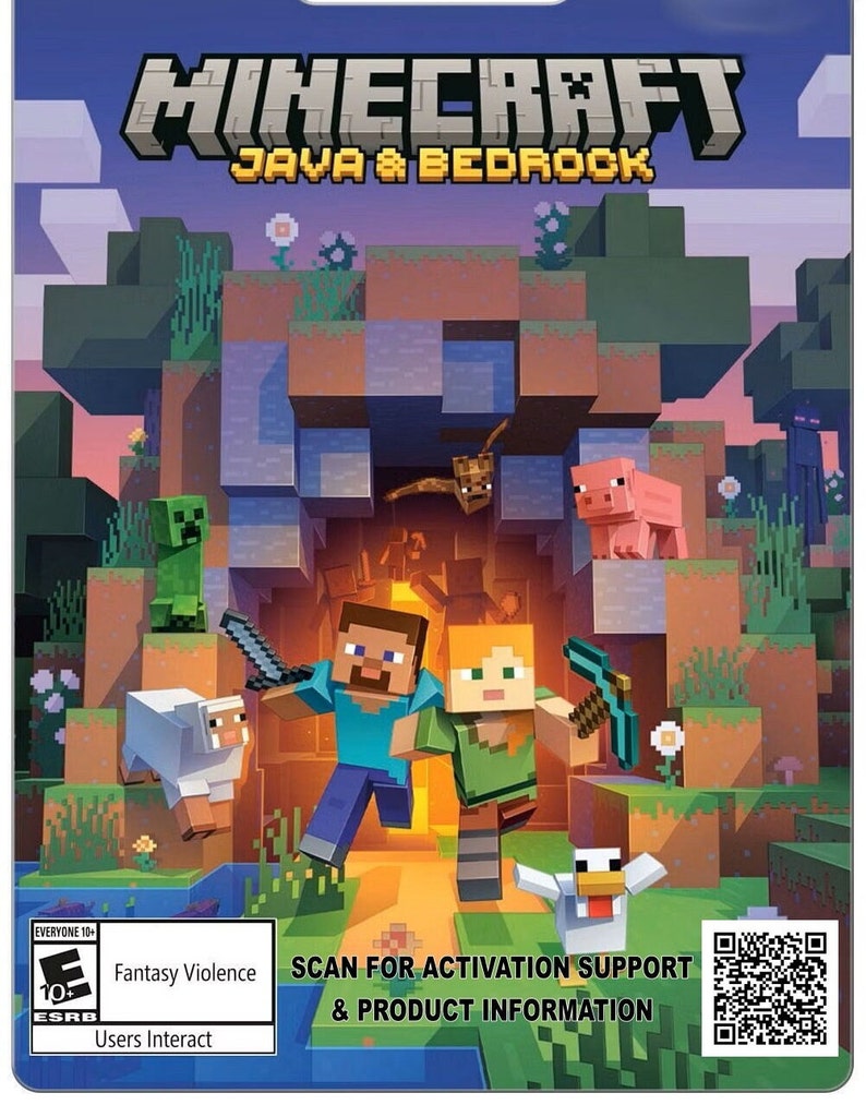 May include: A video game cover for Minecraft: Java & Bedrock Edition. The cover features a colourful pixelated landscape with two characters running towards a cave entrance. The game is rated 10+ by the ESRB for Fantasy Violence and Users Interact.