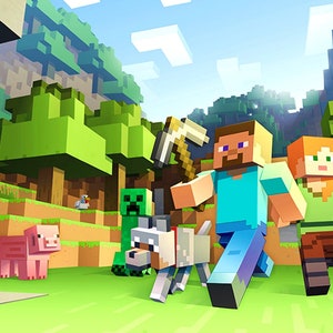 May include: A green, blocky, pixelated character, a wolf, a pig, a cow, a chicken, and two human characters in a pixelated style, all in a green, brown, and blue landscape.