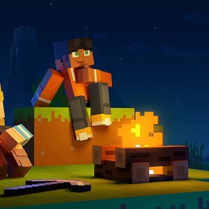 May include: Two pixelated figures, one wearing a blue and orange shirt and the other wearing a blue shirt, sit by a campfire in a nighttime scene. The figures are in a video game setting.