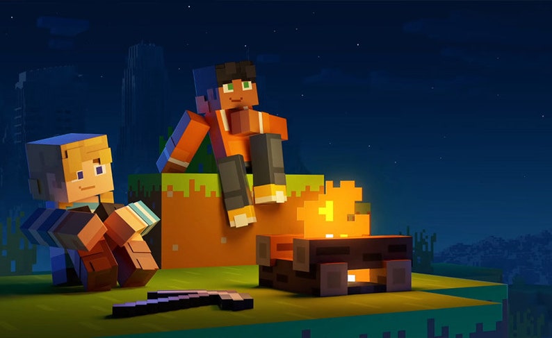 May include: Two pixelated figures, one wearing a blue and orange shirt and the other wearing a blue shirt, sit by a campfire in a nighttime scene. The figures are in a video game setting.