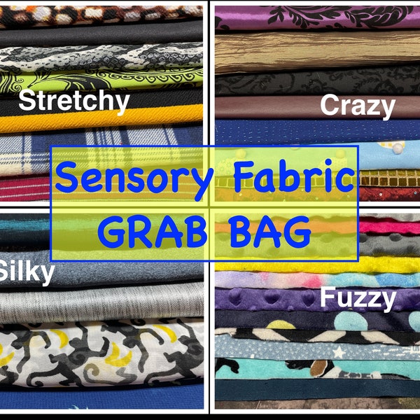 Grab Bag of 4 Randomly Chosen Sensory Fabrics, 1/4 to 1/2 yard each, 1 from each category: fuzzy, silky, stretchy and crazy. #11074