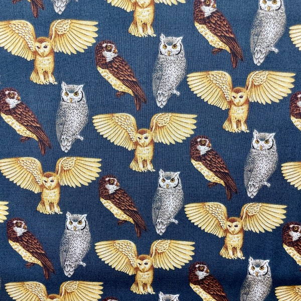 Novelty Owls on Navy cotton fabric by the yard and half yard, 44" Wide, 100% cotton, Novelty fabric,   #10924