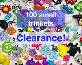 CLEARANCE - 40% off - 100 small trinkets on closeout, chosen at random, great for I spy bags, sensory bins, speech therapy,  NO DUPLICATES!