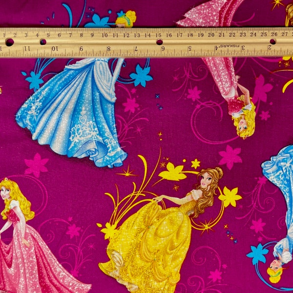 Disney Princesses in Ball Gowns on Magenta cotton fabric by the yard and half yard, 44" W, 100% cotton, disney fabric   #11039