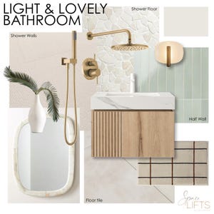 Puede incluir: Un tablero de inspiración titulado LIGHT & LOVELY BATHROOM con cabezal de ducha, rociador manual y grifo dorados. Incluye un mueble de lavabo con encimera de mármol blanco y armario de listones de madera, espejo redondeado, jarrón blanco y alfombra a cuadros.