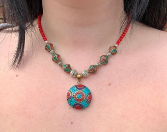 Turquoise Coral Tibetan Necklace – Handmade Boho Jewelry Set