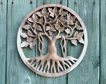 Handmade Wood Tree Of Life Carving  Reclaimed Sustainable Wood Decor Wall Hanging Bohemian Tree Wall decor Home Decor Indonesia 24 inches
