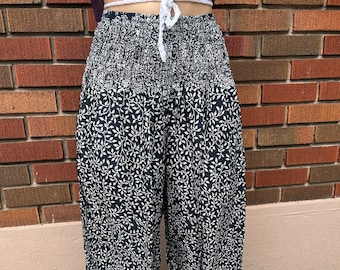 Black Floral Harem Pants, Bohemian Aladdin Trousers, One Size