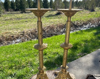 Vintage Pillar Church Candleholders Solid Brass Gold pair Antique hand carved Rare Find