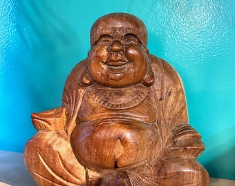 7.87インチのヴィンテージ木製置物、幸せな仏像 - 幸運のカリスマ的な