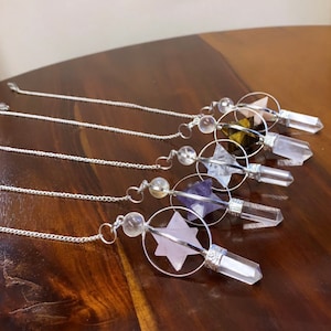 Pendule tournante Merkaba - améthyste, quartz rose, quartz clair, oeil de tigre, pierre de lune