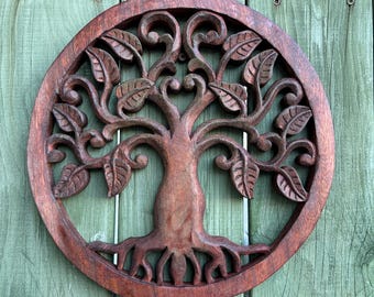Handmade Wood Tree Of Life Carving  Reclaimed Sustainable Wood Decor Wall Hanging Bohemian Tree Wall decor Home Decor Indonesian- 15inches