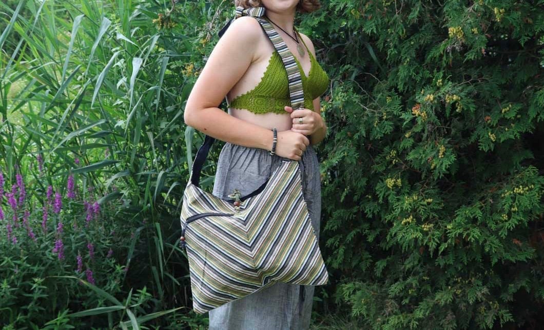 Handcrafted Green Striped Cotton Shoulder Bag - Eco Friendly Boho
