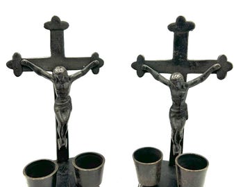 Antique Pair of Brass Crucifix Candle Holders - 15cm Heavy Bronze Patina Jesus on Cross - Gothic Devotional Altar Decor