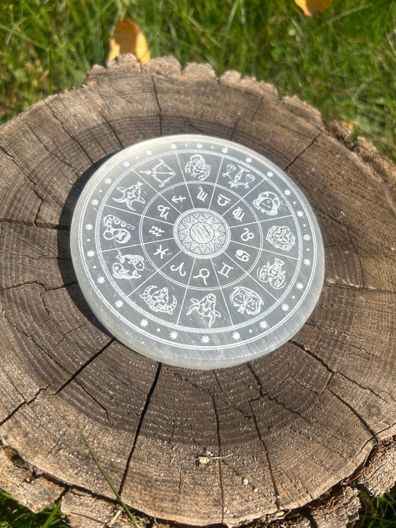thumbnail image 2 of Handmade Selenite Charging Plate 4" - Astrology Zodiac Engraved Circle Disc 2 of 6