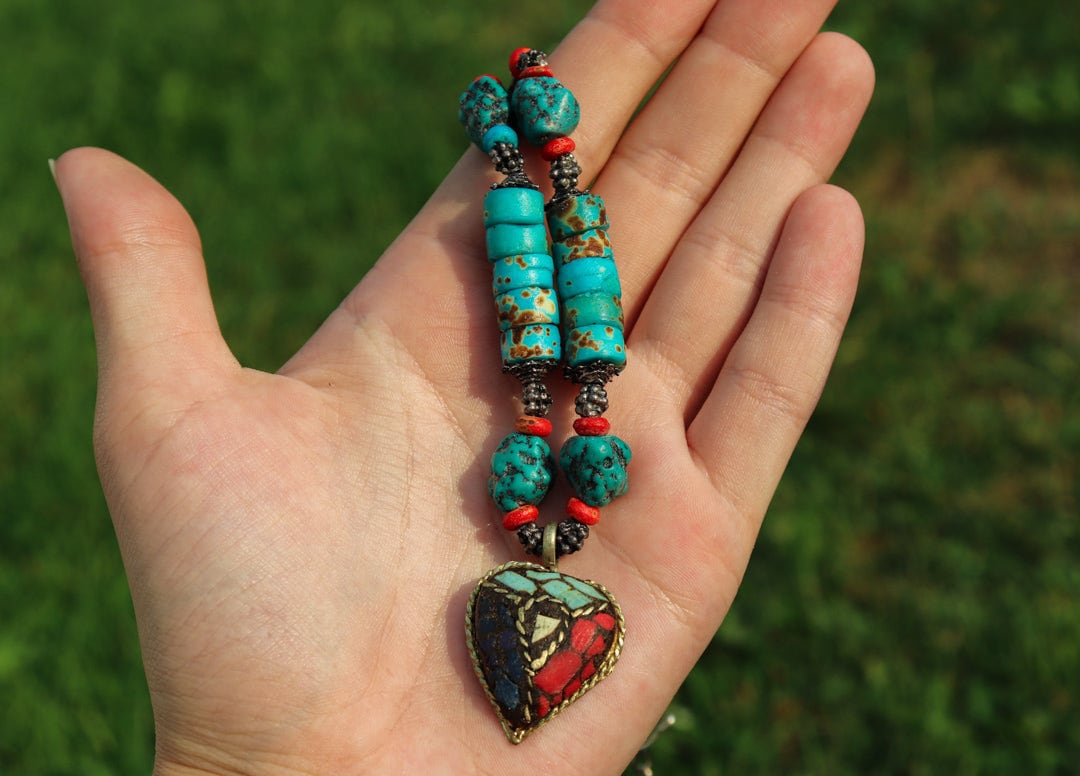 Buy Vintage Turquoise Coral Necklace & Earrings Set – Tibetan Boho