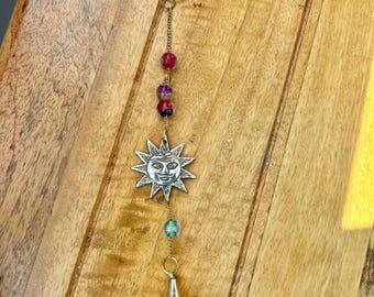 Small Brass Hanging Sun Wind Chime Bells Handmade Fair Trade, Recycled Metal, Ethically Sourced,Sunshine Bells With Glass Beads 25 cm Length