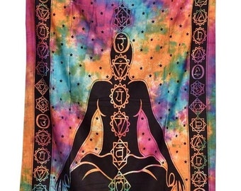 Large Boho Indian Wall Hanging Mandala Tapestry, 100% Cotton Handcrafted Bedspread Table Cloth Dorm Hippie Wall decor Yoga 7 Chakra Tie Dye